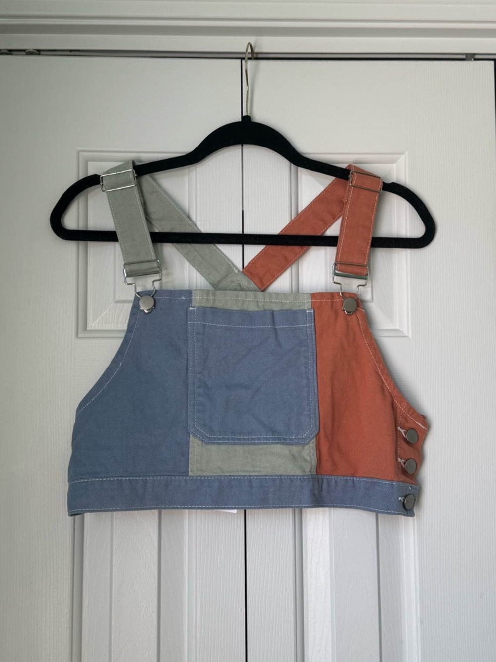 Baevely Colorblock Adjustable Overall Crop in Blue, Rust & Sage